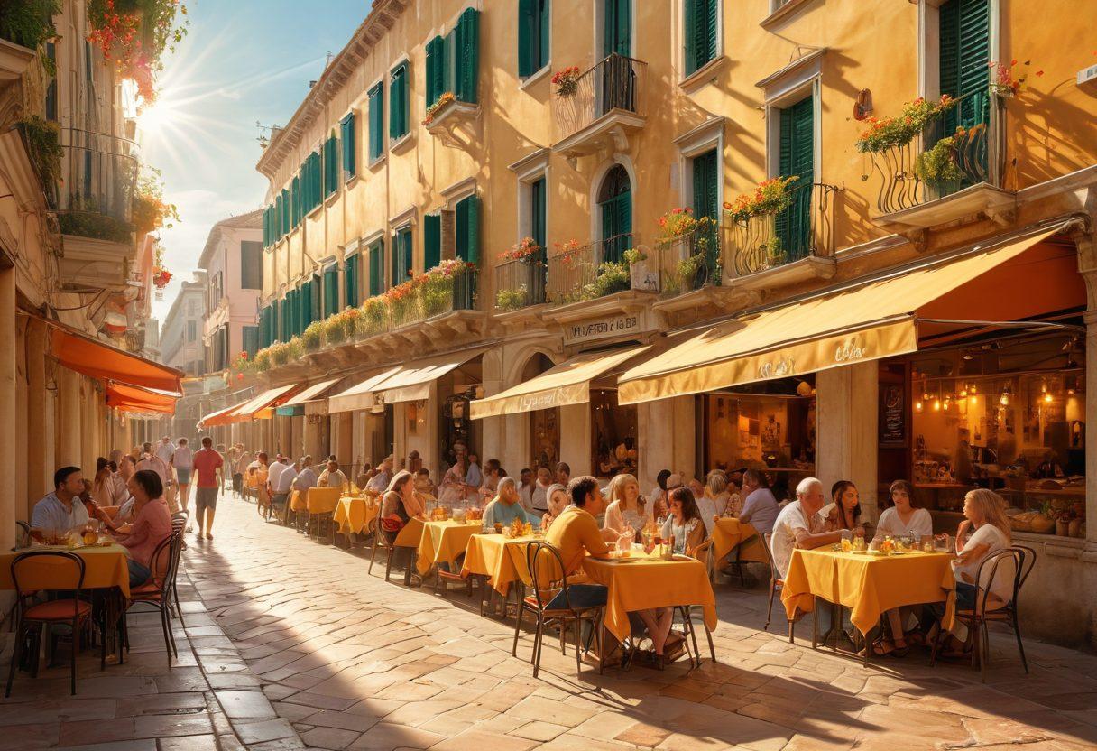 A serene scene depicting the vibrant streets of San Marco filled with people enjoying life; colorful cafes with happy patrons, blooming flowers, joyful street musicians, and smiling children playing. Soft golden sunlight bathes the scene with an inviting warmth, capturing the essence of well-being and joy. super-realistic. vibrant colors. sunny atmosphere.