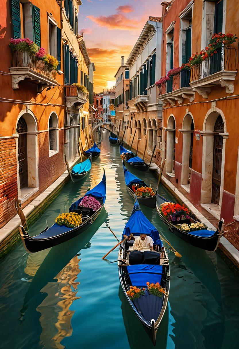 A picturesque scene of the San Marco region showcasing vibrant gondolas gliding through serene canals, adorned with colorful flowers and historic architecture in the background. Include joyful people engaging in local festivities, sampling delicious cuisine, and taking part in art activities. The warm sunset casts a golden glow, creating a blissful atmosphere. super-realistic. vibrant colors. 3D.