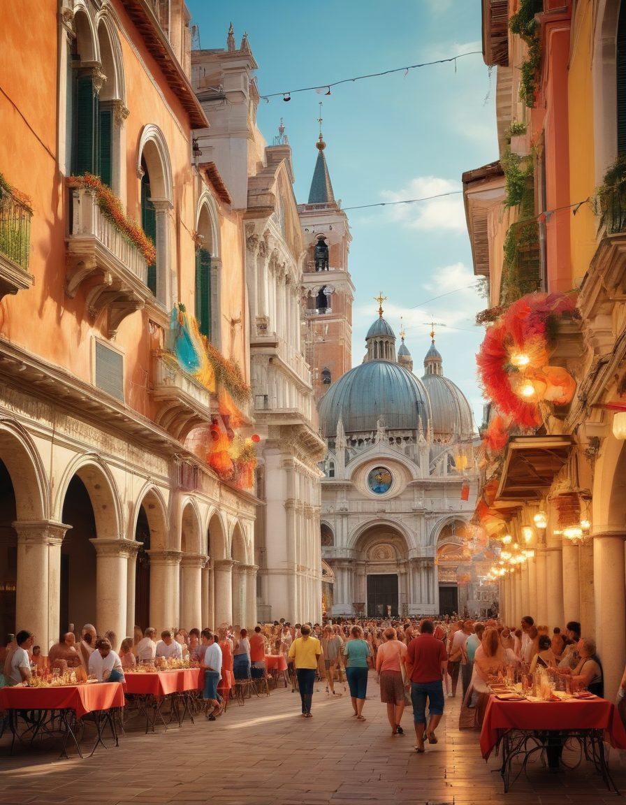 A vibrant street scene in San Marco, showcasing locals enjoying a festival with colorful decorations, joyful expressions, and traditional music. Include iconic architecture, like the Basilica, in the background, blending culture and happiness. Capture the essence of community and celebration. warm colors. super-realistic. lively atmosphere.